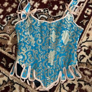 WOMENS VICTORIAN VINTAGE BROCADE LACE UP BUSTIER OVERBUST CORSET TOP S